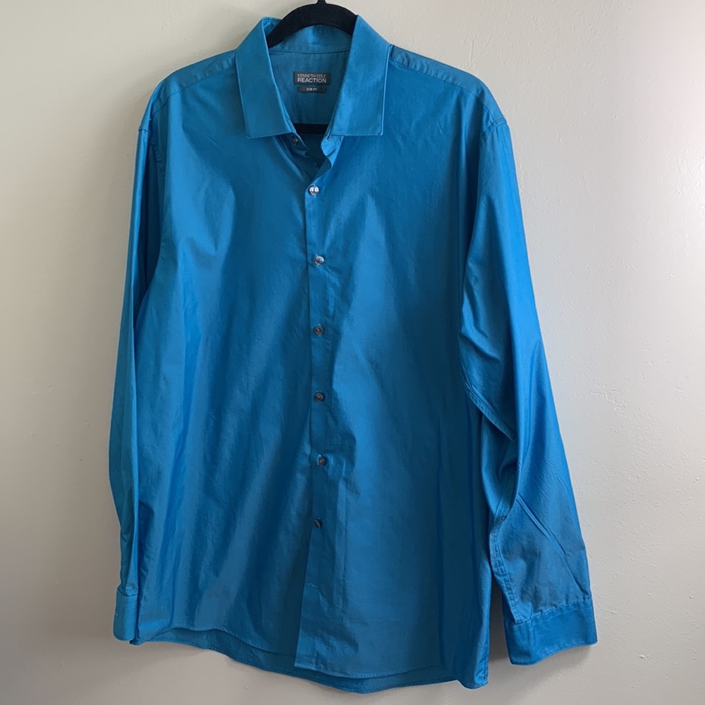 Kenneth Cole Reaction Men's Blue Casual Slim Fit Button-Down Shirt Size 17